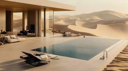 Fototapeta premium A high-end desert resort swimming pool surrounded by warm golden sand and minimalist architecture.