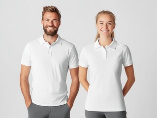 Polo shirt mockup. Two models wearing white polo shirts stand side by side, smiling confidently against a simple gray background.