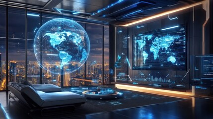 Naklejka premium Futuristic Smart Home with Global Network Visualization