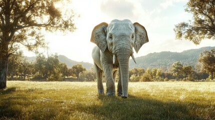 Fototapeta premium Majestic elephant stands gracefully in a sunlit meadow