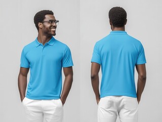 Navy blue polo shirt mockup. A man wearing a blue polo shirt and white pants is smiling, shown from both front and back angles, against a neutral background.