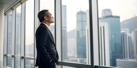 Fototapeta premium Businessman in Suit Looking Out Window at Modern Cityscape View