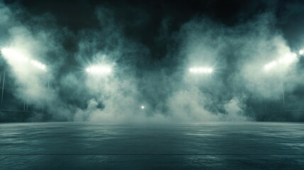 Smoky stadium night scene, empty field, spotlights