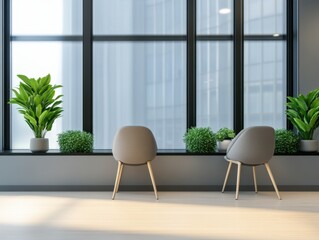 waiting area with chairs and plants by the window