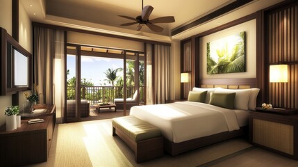 A high-end spa resort hotel room featuring plush bedding, natural wood decor, and a peaceful atmosphere.
