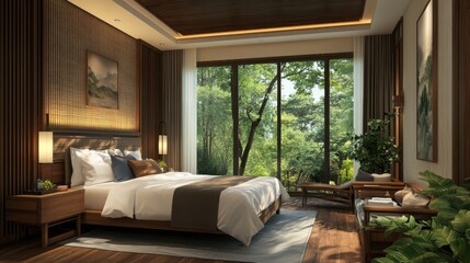 Fototapeta premium A high-end spa resort hotel room featuring plush bedding, natural wood decor, and a peaceful atmosphere.
