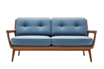  Vintage-style blue fabric sofa with wooden armrests, classic cozy seating, minimal design, isolated on transparent background