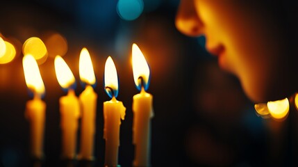 A close-up of flickering candle flames, creating a warm, serene atmosphere, evoking feelings of reflection and spirituality.