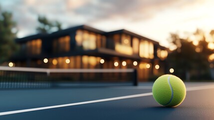 A close-up shot of a tennis ball on the court, with a modern house in the background, captured during golden hour lighting.