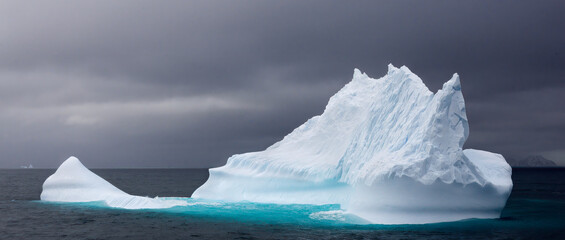  A luminescent iceberg in a deep gray sky in Antarctica