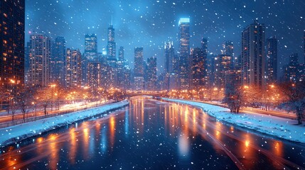 Naklejka premium Snowy Chicago Cityscape at Night: A Winter Wonderland