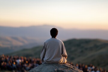 Person Meditating on a Rock at Sunset