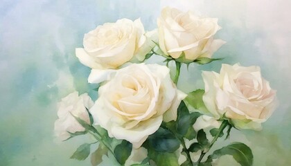 Obraz premium White Roses on a Turquoise background. Watercolour