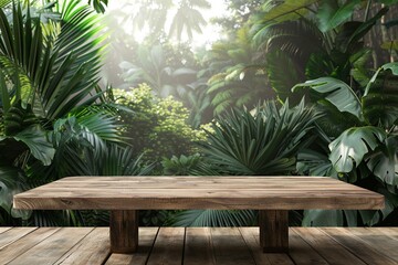 Fototapeta premium 3D wooden table with a tropical forest or garden background for product placement