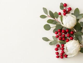 Floral arrangement with white blossoms and red berries.