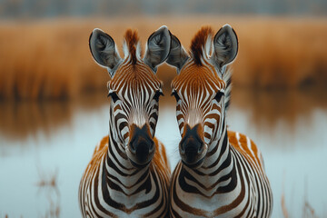 Naklejka premium Symmetrical Zebra Portraits, Twin Reflections in the African Savannah