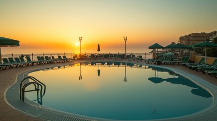 Obraz premium A hotel pool at sunrise with calm, still water reflecting the soft morning light.