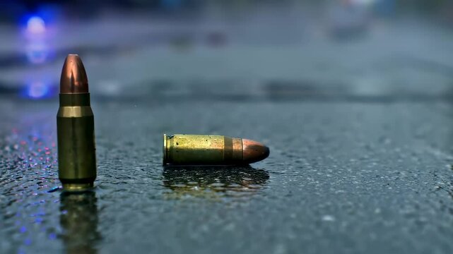 Two bullets rest on a wet pavement with blurred red lights in the background, symbolizing crime, danger, or law enforcement.