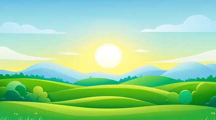 Fototapeta premium Serene Sunrise Over Rolling Green Hills And Mountains
