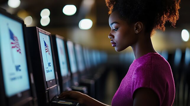 A focused individual interacting with a digital voting booth in a modern environment, emphasizing civic engagement and technology.