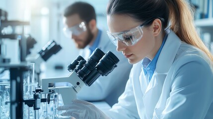 A focused scientist examining samples under a microscope in a laboratory, showcasing dedication to research and discovery.