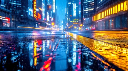 Fototapeta premium Rainy Night City Street Reflection, Traffic Blur