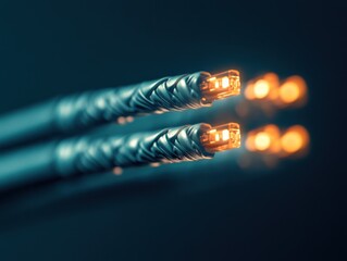 Fiber Optic Cables with Glowing Light, Close-Up.