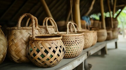Artisanal Woven Bamboo Baskets in a Rustic Setting