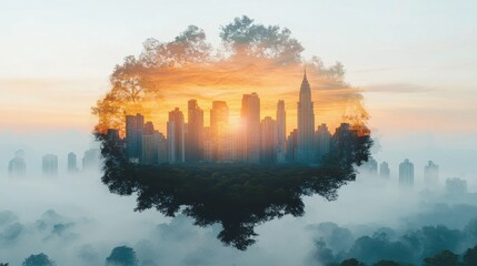 Fototapeta premium Urban sunrise over foggy cityscape nature and architecture blend new york digital art