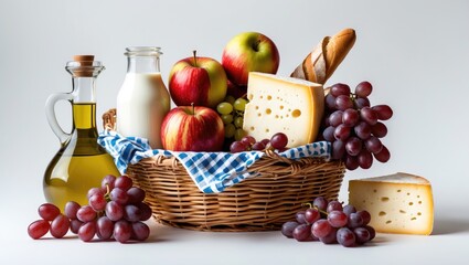 Traditional basket filled with fresh apples, grapes, cheese, milk, oil, and a baguette on white background with copy space for text.