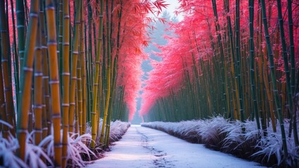 Winter Bamboo Pathway Surrounded by Vibrant Pink Foliage and Snowy Ground in a Serene Forest Setting