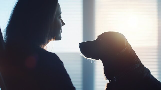 A serene moment between a woman and her dog, highlighting the bond of companionship and loyalty in a soft, warm light.
