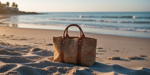 Summer Beach Scene with Stylish Bag on Sand and Tranquil Ocean in Background Ideal for Vacation Promotions and Travel Content