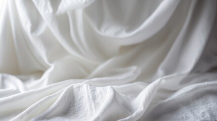 White fabric drapes and folds with soft textures and light shadows creating an elegant backdrop with Copy Space for text placement.
