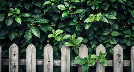Lush Green Hedge Leaves Growing Over Wooden Fence with Selective Focus on Foliage and Texture