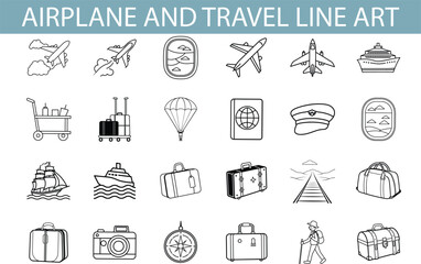 Airplane Travel Line Art Icons Flight, Luggage, and Vacation