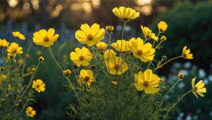 Vibrant Yellow Cosmos Flowers Illuminated by Backlight in a Lush Garden Setting