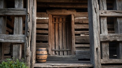 Naklejka premium Rustic wooden door and barrel in an old weathered wooden structure with copy space for text placement