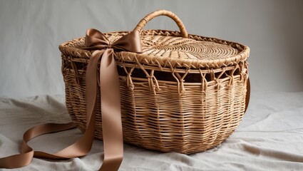 Woven Rattan Basket with Elegant Brown Ribbon Ideal for Gift Packaging and Decorative Purposes on Soft Neutral Background