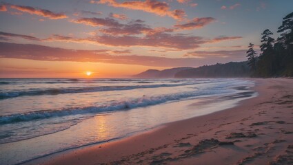 Sunset Over Serene Beach With Waves Lapping Shoreline Tranquil National Park Landscape Ideal For Relaxation Themes And Text Space