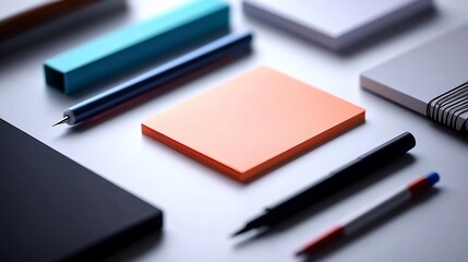 Clean workspace flat lay displaying colorful stationery items and supplies