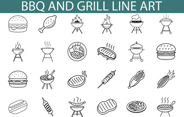 BBQ Grill Line Art Icons Burgers, Chicken, Kebabs, Steaks