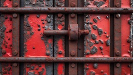 Rusty red painted iron background with textured surface and weathered metal details for industrial or vintage design projects.