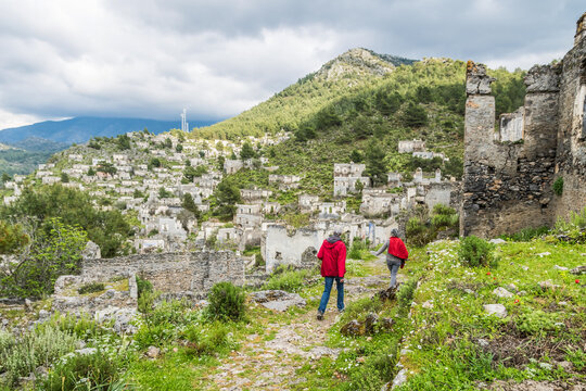 Abandoned Stone Houses of Kayak&ouml;y Ghost Village Overlooking the Fethiye Valley, Turkey