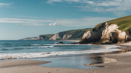 Serene Beach Landscape with Cliffs and Calm Waves Ideal for Text Overlay or Travel Promotions