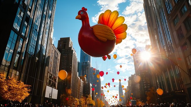 A vibrant Thanksgiving parade scene featuring a large, colorful turkey balloon floating above city buildings on a sunny day.