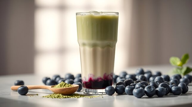 Iced matcha latte with blueberry jam or puree surrounded by blueberries and matcha powder, space for copy 