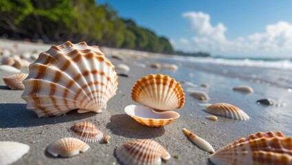 Obraz premium Seashells on Sandy Beach with Lush Greenery and Clear Blue Sky Ideal for Nature Background and Text Space