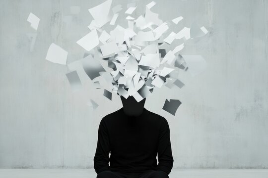 Abstract art concept: exploding paper head silhouette