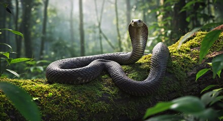 A Black Mamba Coiled Tightly Around the Moss-Covered Trunk of a Fallen Tree in a Dense Jungle